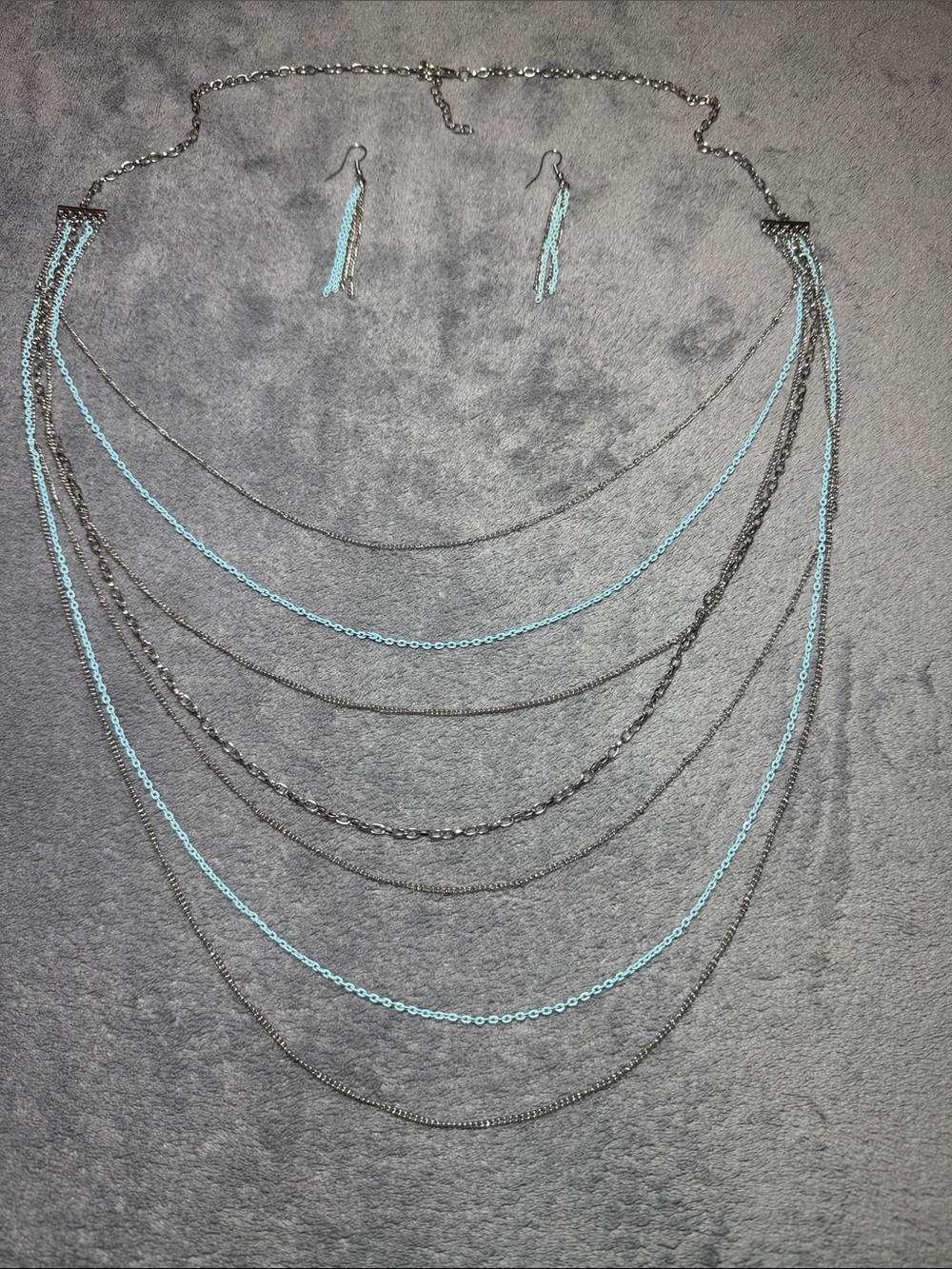 Layered Silver Necklace Set with Light Blue Accents